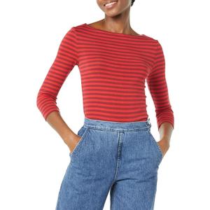 Amazon Essentials Womens Slim-Fit 3/4 Sleeve Boat Neck T-Shirt (XX-Large, Red Burgundy Stripe)