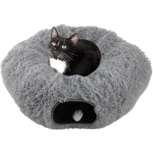 Cat Tunnel with Bed for Indoor Cats - 3FT Multifunctional Cat Tunnel Bed with Toys - Soft, Plush Peekaboo Cat Cave for Kittens, Cats, Ferrets, and Rabbits - Cat Products by PETMAKER (Gray)