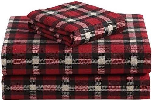Highline Bedding Co. Flannel Sheet Set Twin Size- 100% Turkish Cotton, Double-Brushed, Ultra-Soft, Plush, Cozy 3-Piece Set (Dover Plaid, Red and Black)