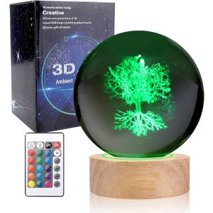 3D The Tree of Life Crystal Ball Night Light with 16 Color LED Wooden Base with Remote Control3.15 Inch The Tree of Life Glass BallCool Desk Decor Gifts for Kids Girls Boys Friends Fans
