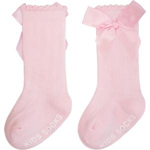 Baby Knee High Socks Girl Non Slip Toddler Stockings Cotton Bow Ruffle Newborn Long Socks Infant Dress Sock 0-6M/6-12M/1-3Y (Pink)