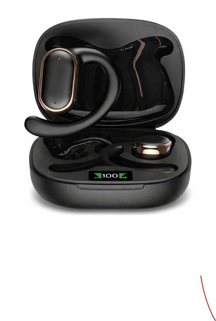 Open Ear Bluetooth Headphones, Wireless Earbuds Sport Over Earphones Built-in Mic with Ear Hooks 50H Playtime Ear Buds LED Display Charging Case, Waterproof Design for Running Fitness, Black