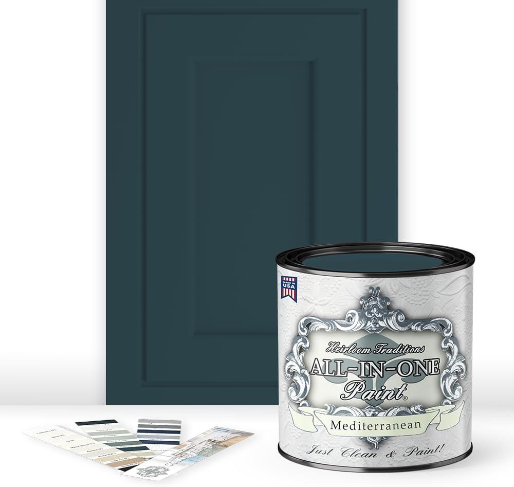 ALL-IN-ONE Paint, Durable cabinet and furniture paint. Built in primer and top coat, no sanding needed. Includes our 30 featured color card - Mediterranean, Quart (32 Fl Oz (Pack of 1))
