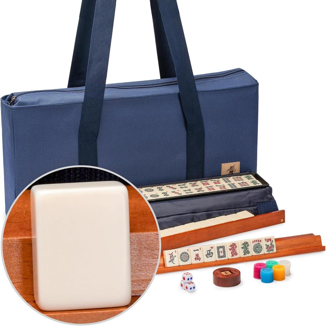 Yellow Mountain Imports American Mahjong Game Set, Sapphire with Blue Soft Case - All-in-One Racks with Pushers, Wright Patterson Scoring Coins, Dice, & Wind Indicator, 21.7 X 9.65 X 3 Inches