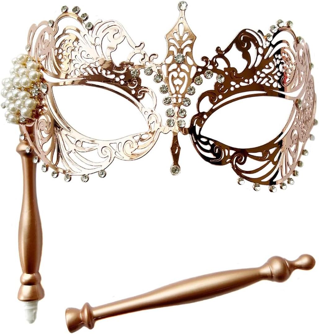 WILOVCOS Venetian Metal Masks for Womens,Masquerade Mask with Stick,Mardi Gras Cosplay Party Mask (Rose Gold)