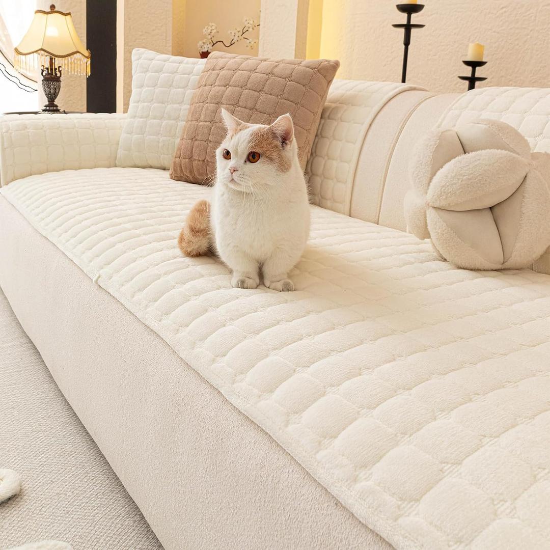 Velvet Couch Covers for Dogs, Dog Sectional Couch Covers, Pet Couchs Cover for 2-3 Seater, Couchs Protector for Dogs, Sectional Sofa Cover for Pet Washable(1PC,Beige White,27.6"70.9")