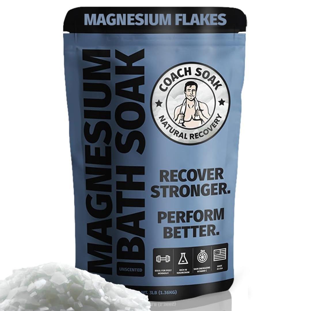 Coach Soak: Recovery Bath Soak - Fast-Absorbing Magnesium Flakes - Bath Salts with 21 Minerals & Essential Oils - Made in The USA with Dead Sea Salt, 3lbs (Unscented) (48 Ounce (Pack of 1))