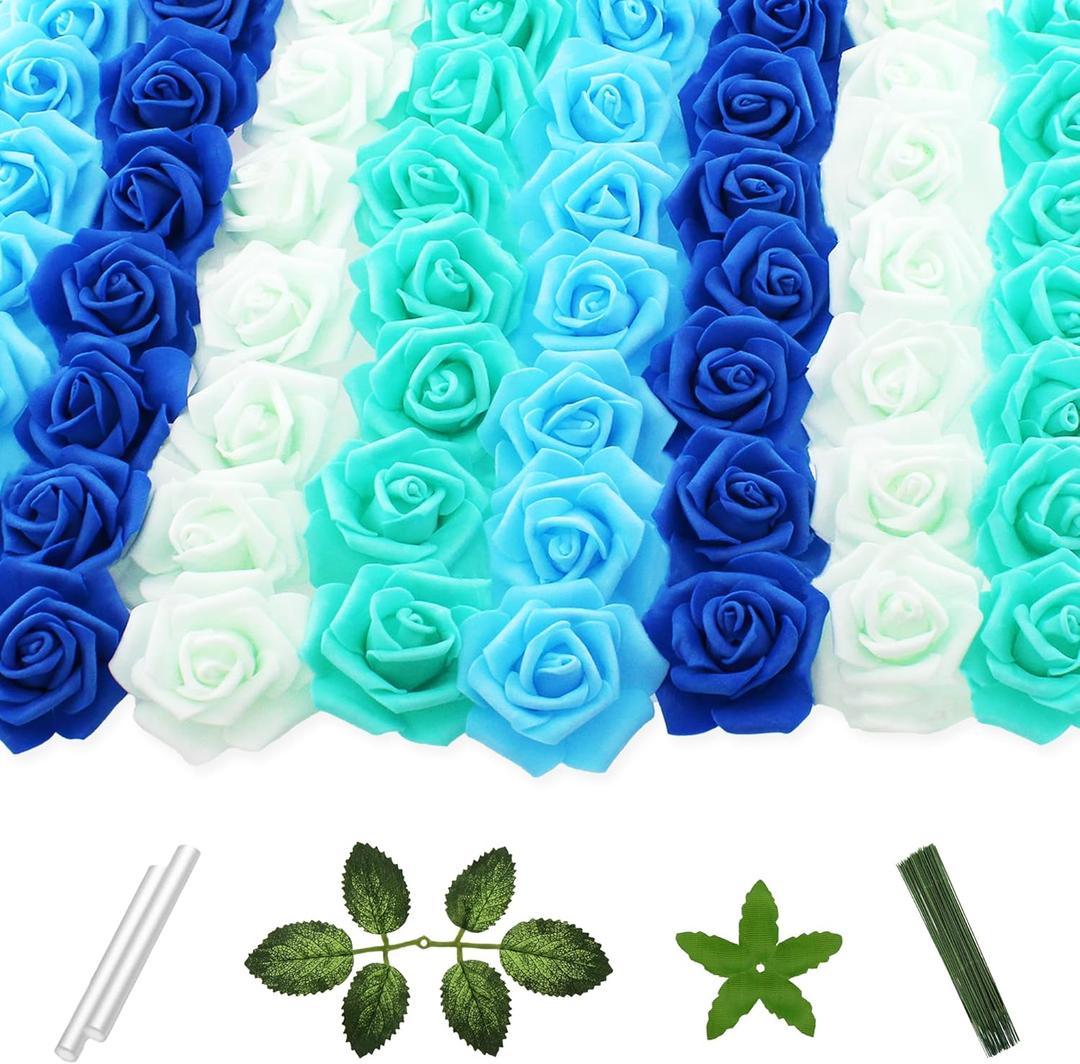 100 Pcs 2 Inch Artificial Flowers Faux Foam Fake Rose Head Bulk for Home Decor Wedding Decoration Bridal Shower Wall Table Centerpiece Arrangement DIY Craft (4 Shades of Blue Green)