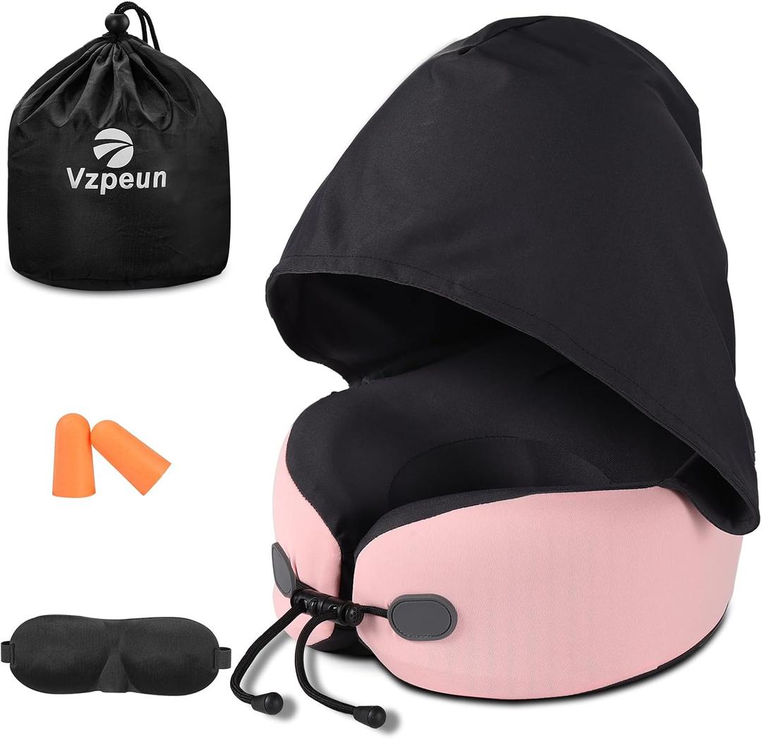 Neck Pillow for Travel - Hooded Memory Foam Plane Pillow for Airplane, Office, Cars Sleeping, Long Flights, Portable Plane Accessories, Includes Eye Mask & Earplugs, Pink
