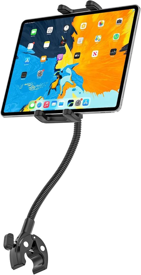 Gooseneck Tablet Holder with Flexible Long Arm, Anti-Slip iPad Clamp Mount for Treadmill/Spin Bike/Stroller/Wheelchair/Elliptical/Boat/Mic Stand/Peloton/Indoor Cycle, Fits 4-13" Device
