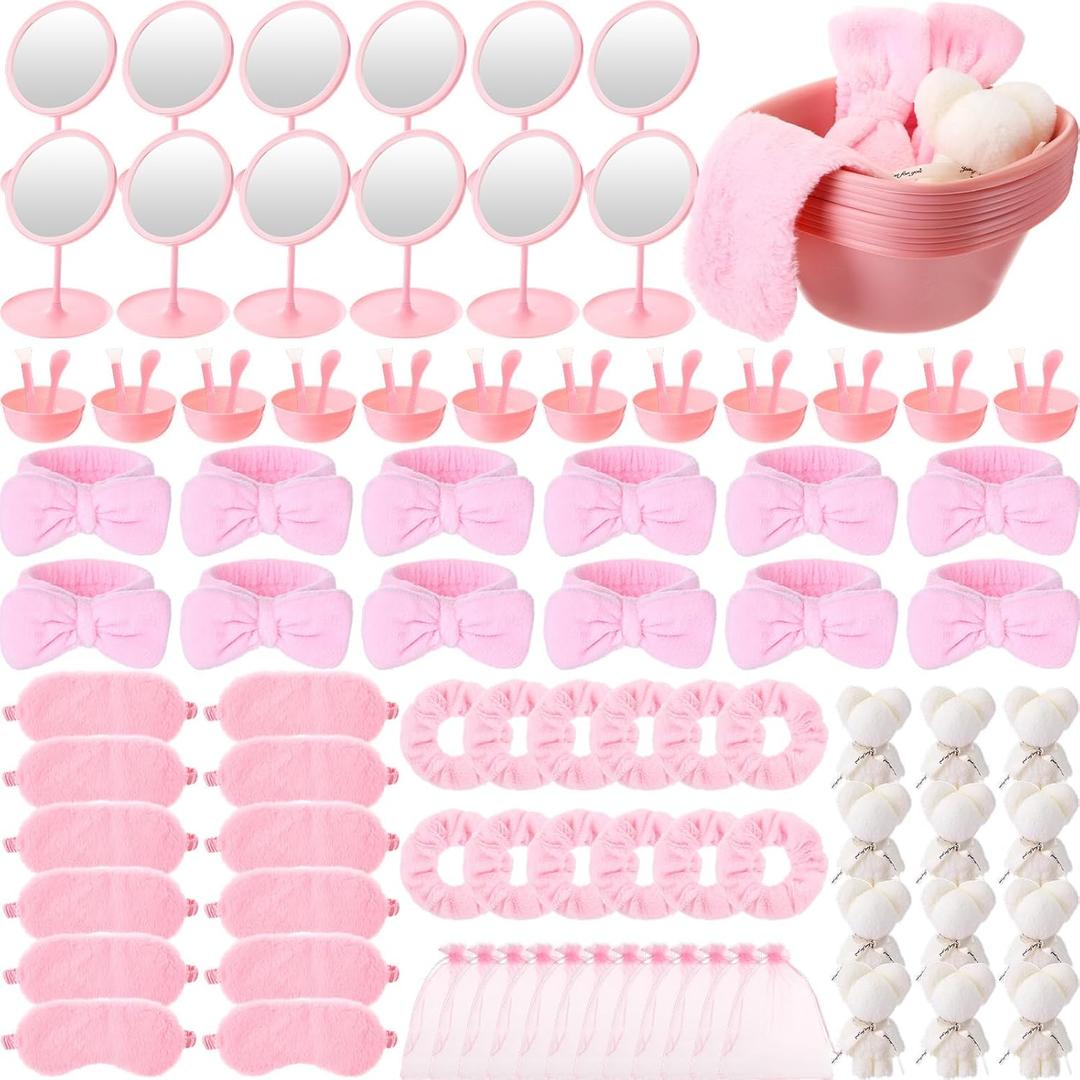 Honeydak 96 Pcs 12 Set Spa Party Favors for Girls Women Pink Sleepover Party Supplies Bulk Face Mask Bowl Set Mirror Headband Scrunchies Face Wash Cloths Basin Eye Mask for Wedding Bridal Shower Spa