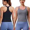 Evercute Women's 2 Pack Ribbed Workout Tank Tops with Built in Bra Racerback Seamless Crop Tank Tops Camisole Sport Tanks L