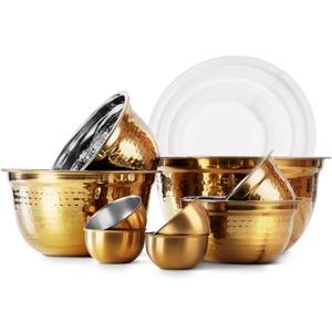 COOK WITH COLOR 18 Piece Mixing Bowls Set with Airtight Lids, Handcrafted Stainless Steel Bowls, Food Storage Containers, Meal Prep, Nesting Salad Bowls For Cooking, Baking, Kitchen, Gold- Hammered