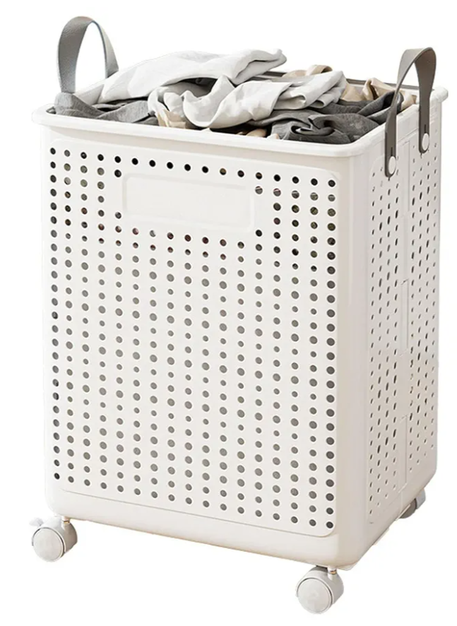 55L Collapsible Extral Large Laundry Hamper, Plastic Laundry Basket with Wheels, Suitable for Bathroom, Bedroom, Dorm Room & Laundry Room, Basket with Handle (White)