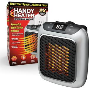 Ontel Handy Heater Turbo Wall Outlet Plug In Heater  Portable Indoor Ceramic Space Heater w/Adjustable Thermostat, 12-Hour Timer, Auto Shut Off, Quiet  Plug In Wall for Office, Bedroom, Camping