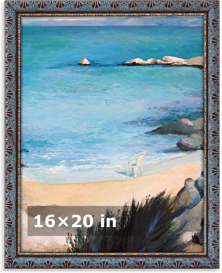 HLiWEGNS Vintage Brown 16x20 Frame, Single Frame, Wood Poster Frame with Blue Finish for 16 x 20 Poster, Antique Ornate Frame for Wall Decor, Gallery Artwork, Photo Display, Brown Blue, 16x20 
