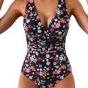 Eomenie One Piece Swimsuit for Women Tummy Control Slimming Bathing Suit Wide Straps V Neck Swim Suit Cross Back Swimwear (Floral Print,Medium)