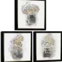 HOMEOART Gold Grey Bathroom Wall Decor Picture Elegant Flower Painting, with Black Gold Frame, Ready to Hang 12x12inchx3Pieces