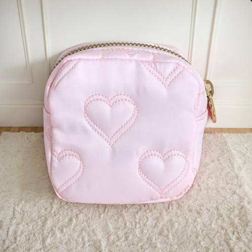Small Makeup Bag for Purse Mini Quilted Cosmetics Travel Bag Cute Pouch for Women Girls, Pink