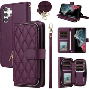 Wallet Case for Samsung Galaxy S23 Ultra 5G with Detachable Wrist Strap 9 Card Slot Zipper Purse Luxury PU Leather Stand Full Body Phone Cover for S23Ultra 23S S 23 23Ultra 6.8 inch Deep Purple (WineRed)