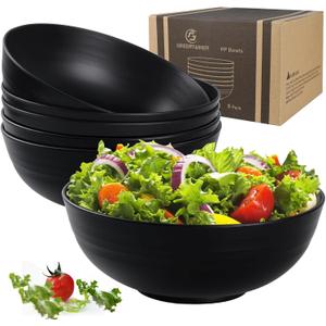 Greentainer Unbreakable Large Salad Bowls, 76 oz Plastic Serving Bowl Set of 6, Lightweight Black Bowl for Soup, Cereal, Fruit, Popcorn, Dishwasher & Microwave Safe