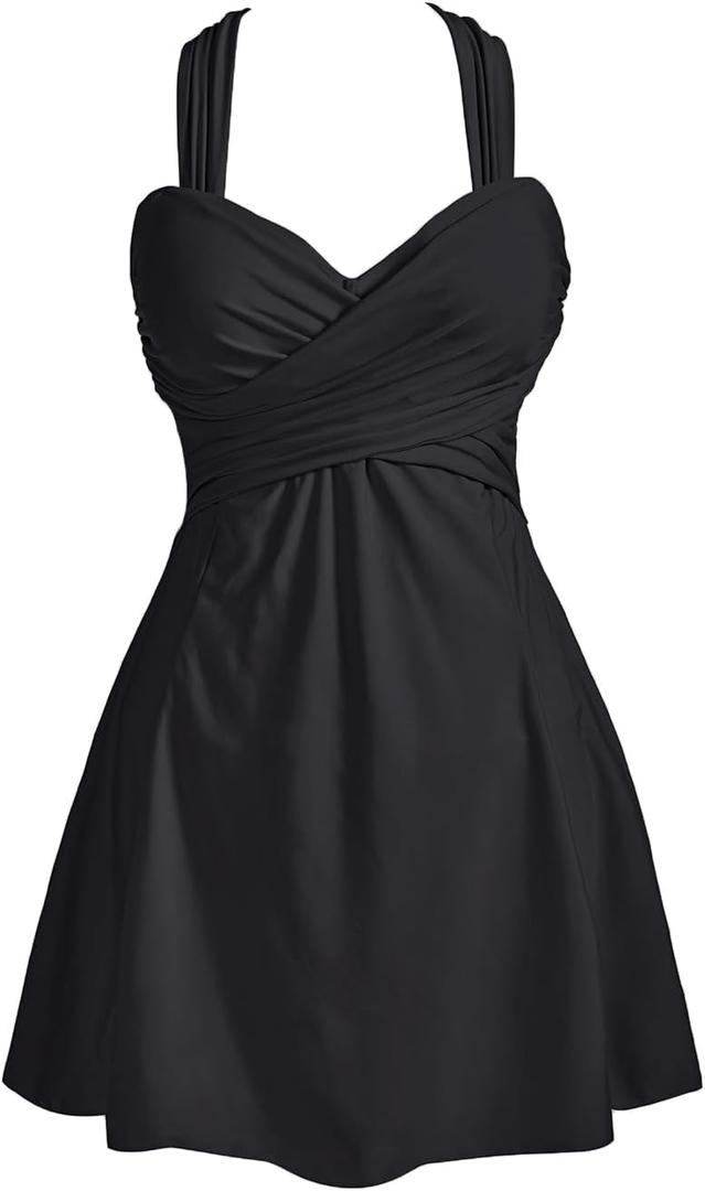 COCOPEAR Women's Elegant Crossover One Piece Swimdress Floral Skirted Swimsuit (X-Large, Black)