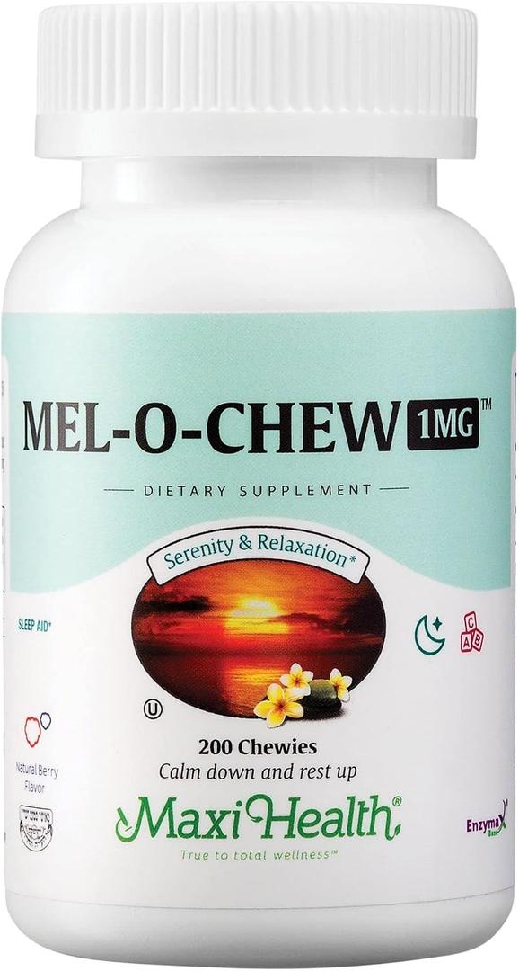 Maxi Health® Melatonin 1mg Chewable Tablets (200 Count) | Kosher | Melatonin Sleep Aid with Enzymax | Fast, Restful Sleep Support for Adults & Kids | Doctor Formulated, Expiry: 02/2028