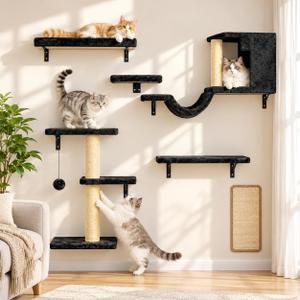 Cat Wall Shelves, Black, 6 in 1 Wall Mounted Cat Furniture Set