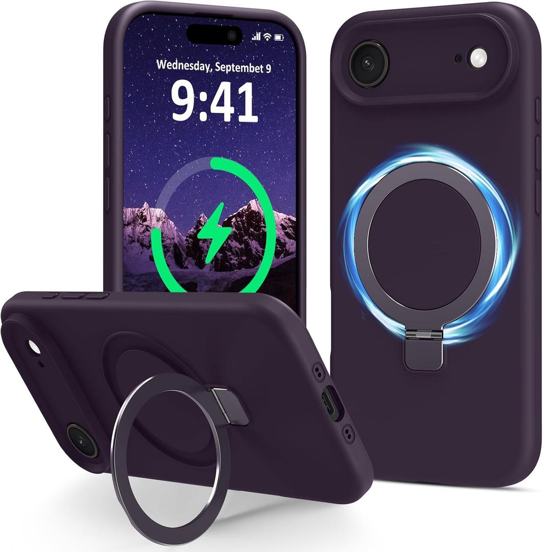 Compatible with iPhone Air Case with Stand, Full Camera Protection Slim Liquid Silicone Phone Cases for iPhone 17 Air Compatible with MagSafe Magnetic Ring Kickstand Case 6.5", Purple