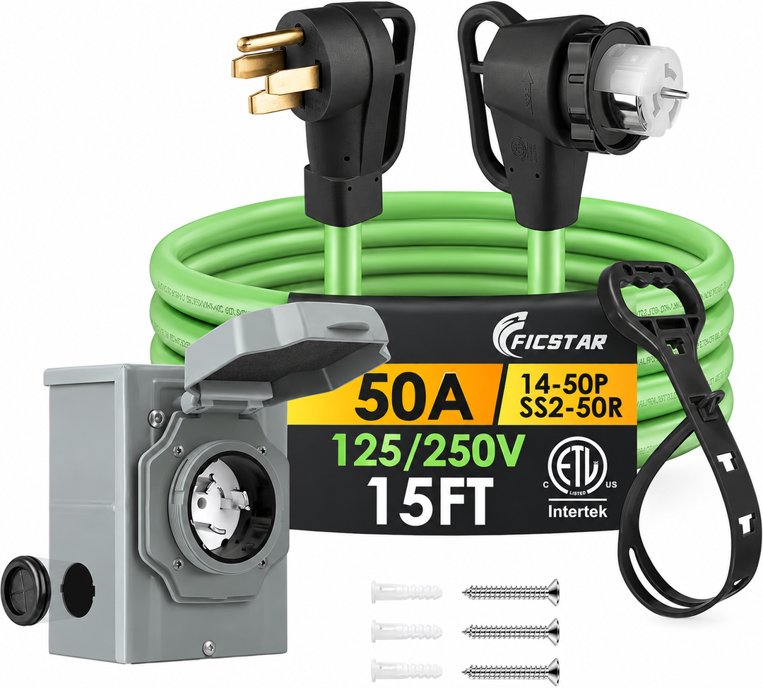 15FT 50 Amp Generator Cord Kit with Inlet Box
NEMA 14-50P to SS2-50R 50 Amp Extension Cord, Pre-Drilled Inlet Box, 6/3+8/1 AWG STW Wire, 125/250V 12500W, ETL Listed