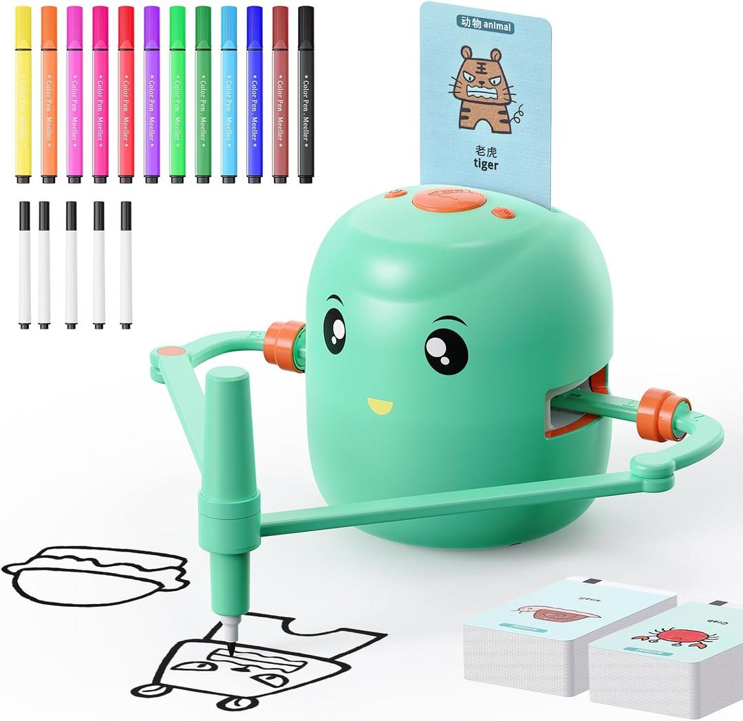 Interactive Educational Drawing Robot for Kids - Montessori Learning Toy with 150 Word Cards, Voice Interaction, Ages 5+ (Green)