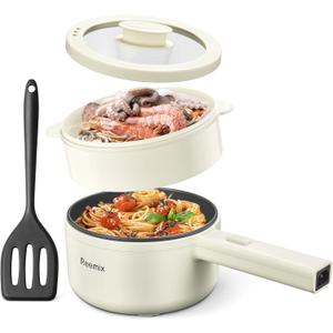 Hot Pot Electric With Steamer, 1.6L Ramen Cooker Non-Stick Saut Pan for Steak, Egg, Fried Rice, Ramen, Oatmeal, Soup, Portable Personal Perfect Suit Dorm Room and Apartment (White)