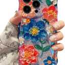 EYZUTAK Case for iPhone 14 Pro Max, Colorful Retro Oil Painting Flower Laser Glossy Cute Curly Wave Edge Case Stylish Durable Soft TPU Protective Phone Cover for Girl Women - Blue Flower/Blue