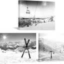 Biuteawal 3 Piece Ski Canvas Wall Art Black White Ski Lift Pictures Snowboards at Sunshine Painting Snowy Winter Mountain Landscape Photo Artwork Home Living Room Bedroom Decor Framed Ready to Hang