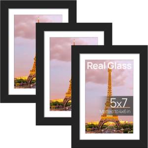 Upsimples 5x7 Picture Frame Set of 3, Made of High Definition Glass for 4x6 with Mat or 5x7 Without Mat, Wall and Tabletop Display Photo Frames, Black