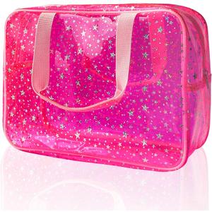 Hot Pink Star Large Cosmetic Bag 12x5x8 inch Travel Pouch with Handle,Durable PVC Material,Zipper Design-Ideal for Makeup,Travel Essentials