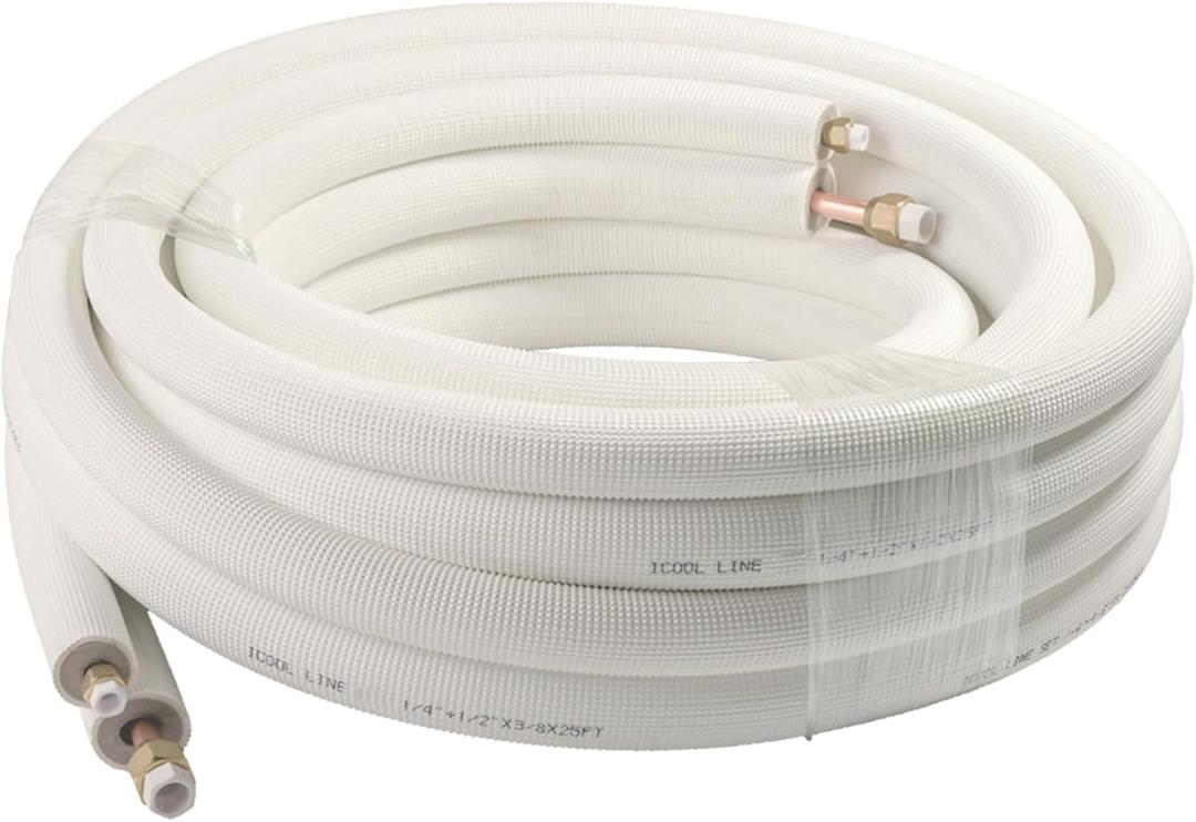 ICOOL 25 Ft. Mini Split Line Set, 1/4" & 1/2" O.D. Twin Copper Pipes, 3/8" Thickened PE Insulated Coil Copper Line with Nuts for Air Conditioner HVAC Refrigeration and Heating, without Fittings