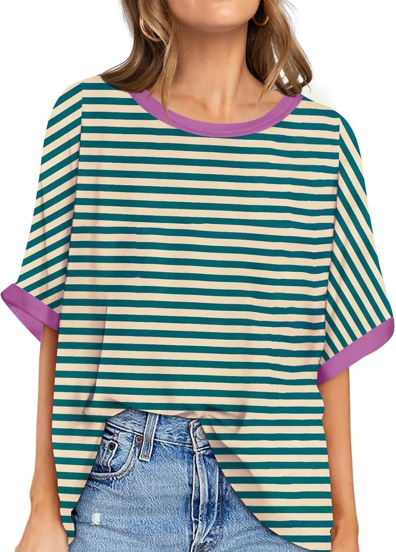 UEU Women Oversized T-Shirt Summer Casual Loose Fit Short Sleeve Basic Tops Workout Gym Tee Shirt (Blue, S)