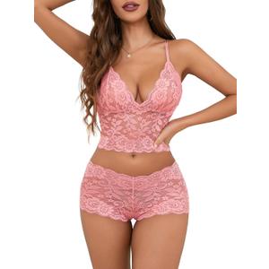 Lilosy Sexy Sheer Floral Lace Pajamas Lingerie Set High Waist Sleepwear Bra and Panty 2 Piece Nightwear (Large, Dark Pink)