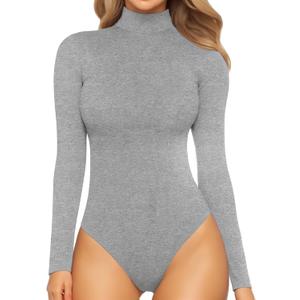 MANGOPOP Women's Mock Turtle Neck Sleeveless Long Sleeve Tops Bodysuit Jumpsuit (34 Long Sleeve Light Heather Grey)