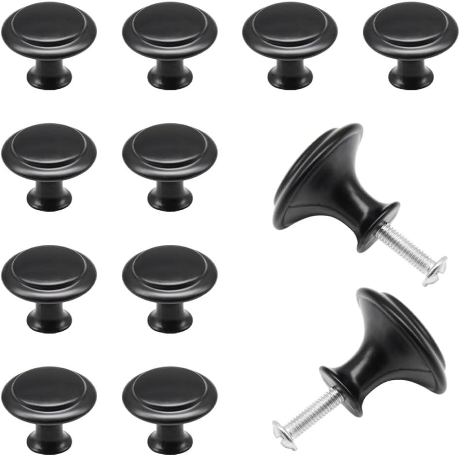 12 PCS Round Drawer Handles 27mm Metal Furniture Pull Knobs with Screws Single Hole Cupboard Door Knobs Black Mushroom Knobs for Drawer,Cabinet and Dresser (Black/27mm/LS-YX)