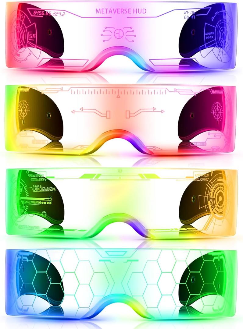 TOODOO 4 Pairs LED Visor Glasses Light up Glasses Futuristic Luminous Rave Glasses 7 Colors 4 Modes for Club Christmas Party