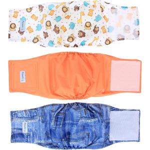 Teamoy Reusable Wrap Diapers for Male Dogs, Washable Puppy Belly Band Pack of 3 (M, 13"-16" Waist, Orange+ Denim+ Fat Smile)