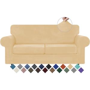 WEERRW Velvet Couch Covers for 2 Cushion Couch Sofa - High Stretch Luxury Velvet Plush 3 Pieces Sofa Slipcovers with Elastic Bottom, Furniture Protector for Pets, Machine Washable, Champagne, Medium