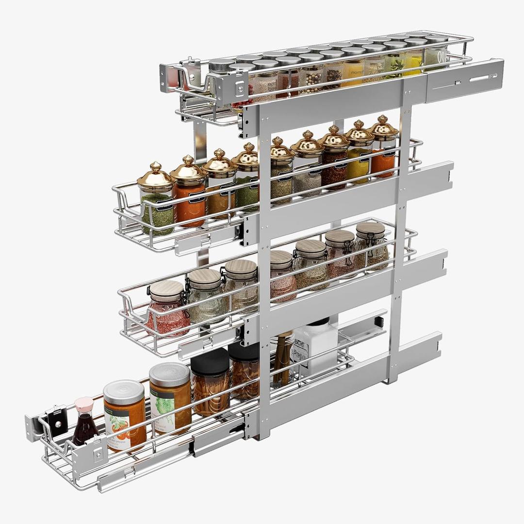 4-Tier 5" W x 21" D Narrow Pull Out Cabinet Organizer, Roll out Spice Rack Holder Shelve, Slide Out Slim Storage Wire Baskets for Storage Organization
