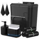 Hanging Trash Can with Lid, Black Bathroom Accessories Set Incluced 3.9 Gallon Small Kitchen Compost Bin, Soap Dispenser with Sponge Holder, Sponges and Trash Bags for Cupboard/Kitchen Bedroom