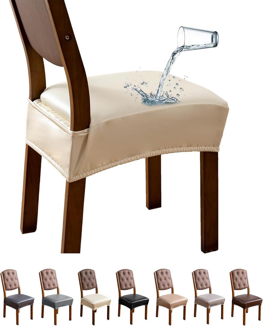 Genina Dining Chair Covers Set of 4, Waterproof PU Leather Dining Seat Covers Stretch Wipeable Dining Room Seat Cover Kitchen Chair Slipcover Protector(Rear-Covered Design, Cream)