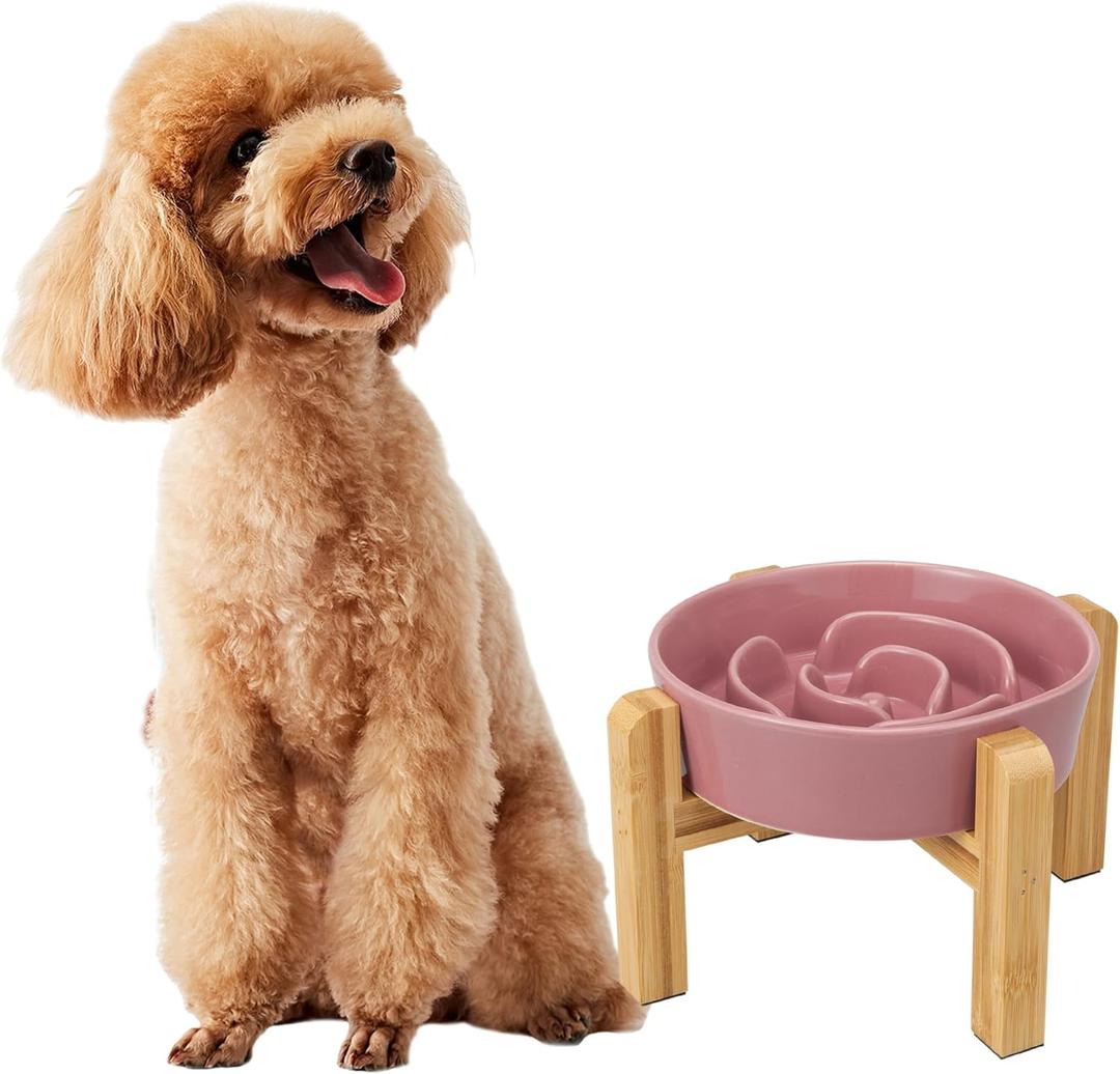 Elevated Slow Feeder Dog Bowl - Ceramic Maze Food Dish with Bamboo Stand - Raised Feeding Bowl for Fast Eaters - Ideal for Small and Medium Dogs - Pink - 6.7 inch (1.25 CUP)