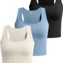 OQQ Women's 3 Piece Crop Tank Shirt Ribbed Seamless Workout Sleeveless Racerback, Black Haze Blue Beige, Small (S)