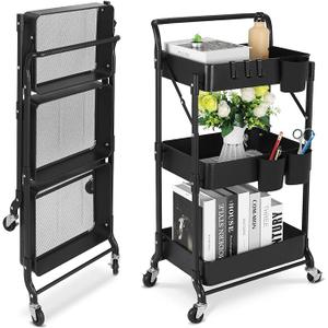 Foldable 3 Tier Metal Utility Rolling Cart, Folding Mobile Multi-Function Storage Trolley Organizer Cart for Home Library Office(Black), Size 44×30×89 cm